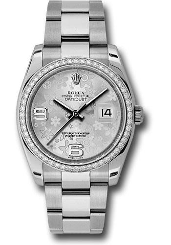 Rolex Steel and White Gold Datejust 36 Watch - 52 Diamond Bezel - Silver Floral Arabic Dial - Oyster Bracelet - 116244 sfao
