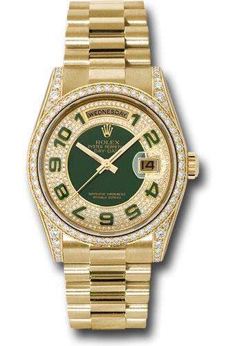 Rolex Yellow Gold Day-Date 36 Watch - Bezel - Pave Edge Green Dial - President Bracelet - 118388 pgap