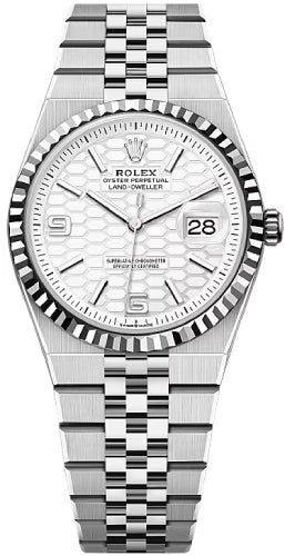 Rolex Land-Dweller 36 White Gold Oystersteel Intense White Honeycomb Motif Dial Fluted Bezel Flat Jubilee Bracelet 127234 - 2025