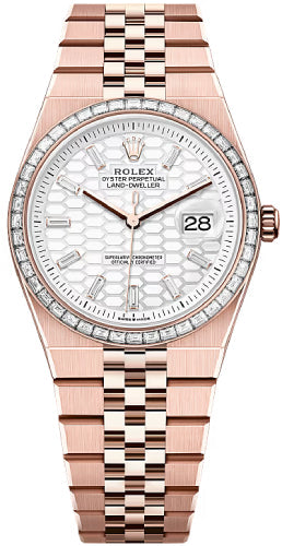 Rolex Land-Dweller 36 Everose Gold Intense White Honeycomb Motif Baguette Diamonds Set Dial Diamond Set Bezel Flat Jubilee Bracelet 127285TBR - 2025