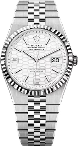 Rolex Land-Dweller 40 White Gold Oystersteel Intense White Honeycomb Motif Dial Fluted Bezel Flat Jubilee Bracelet 127334 - 2025
