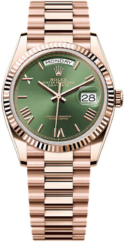 Rolex Day-Date 36mm Olive Green Dial Fluted Bezel President Bracelet - 128235 - 2025