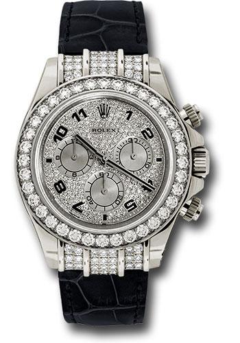 Rolex White Gold Cosmograph Daytona 40 Watch - Pave Diamond Enamel Arabic Dial - Black Leather Strap - 116599RBR