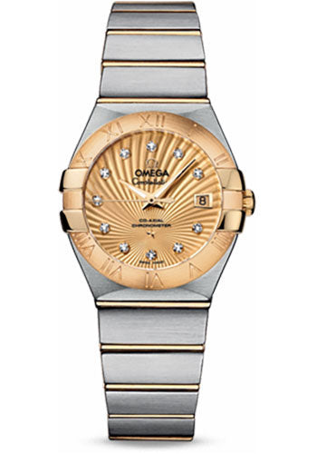 Omega Ladies Constellation Chronometer Watch - 27 mm Brushed Steel And Yellow Gold Case - Champagne Supernova Diamond Dial - 123.20.27.20.58.001