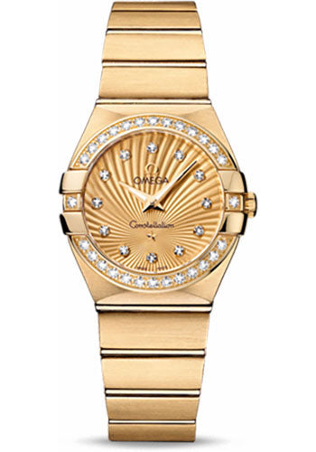 Omega Ladies Constellation Quartz Watch - 27 mm Brushed Yellow Gold Case - Diamond Bezel - Champagne Diamond Dial - 123.55.27.60.58.001